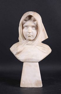 Carved White Stone Bust of Girl with Scarf