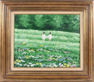 Oil on Canvas, Two Girls in a Field of Flowers
