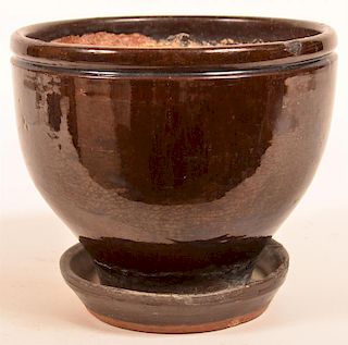 Mottle Glazed Redware Pottery Flower Pot.