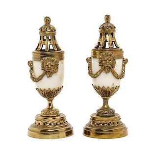 A Pair of Louis XV Style Gilt Metal Mounted Marble Cassolettes, Height 7 7/8 inches.