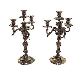 A Pair of Louis XV Style Silvered Bronze Four-Light Candelabra, Height 18 inches.