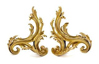 * A Pair of Louis XV Style Gilt Bronze Chenets, Height of each 18 1/2 x width 15 1/2 inches.