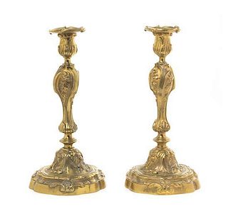 A Pair of Louis XV Style Gilt Bronze Candlesticks, Height 11 inches.