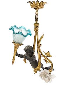 * A Louis XV Style Gilt and Patinated Bronze Figural Lantern, Height 19 1/2 inches.