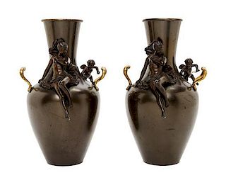 A Pair of French Gilt and Patinated Bronze Vases, Height 10 1/4 inches.