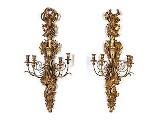 * A Pair of Louis XV Style Giltwood Five-Light Sconces, Height 44 inches.