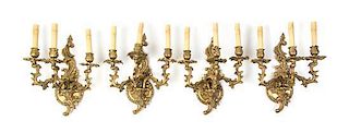 A Set of Four Louis XV Style Gilt Bronze Three-Light Sconces, Height 14 inches.