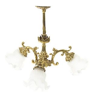 A Louis XV Style Brass Three-Light Chandelier, Height 16 x diameter 21 inches.