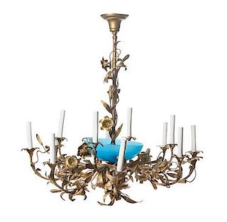 A Louis XV Style Gilt Bronze and Opaline Glass Twelve-Light Chandelier, Height 30 x diameter 32 inches.