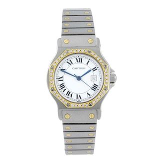 CARTIER - a Santos Ronde bracelet watch. Stainless steel case with diamond set yellow metal bezel. S
