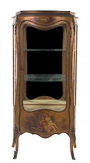 * A Louis XV Style Vernis Martin Vitrine, Height 68 3/4 x width 33 3/4 x depth 16 inches.