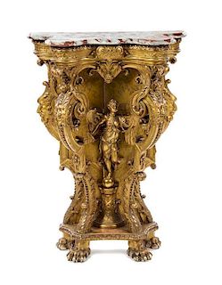 A Louis XV Style Giltwood Console Table, Height 46 1/2 x width 32 x depth 14 1/2 inches.