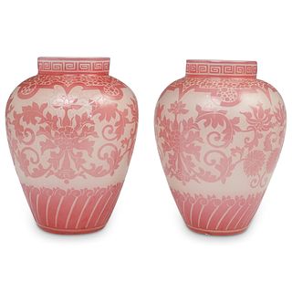 Steuben Pair of Rosaline Chinoiserie vases