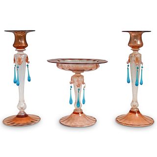 (3Pc) Steuben Glass Compote and  Candlesticks