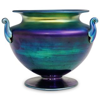 Steuben Blue Aurene Footed Vase with Scroll Handles