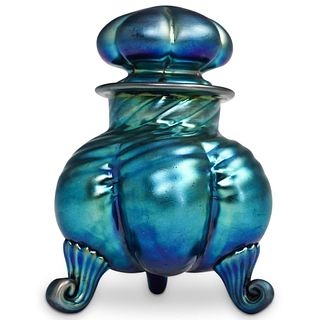 Steuben Blue Aurene Cosmetic Jar