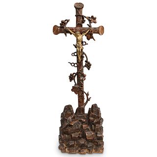 Antique Black Forest Carved Wood Crucifix