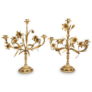 Pair of French Bronze Floral Candelabras