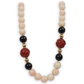 14K Angel Skin Coral and Onyx Necklace