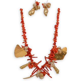 14Kt Coral Necklace and  Earring Set