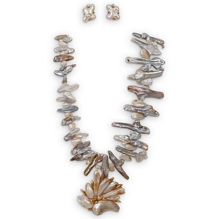 18K Baroque Pearl and  Diamond Necklace, Earrings, and  Brooch