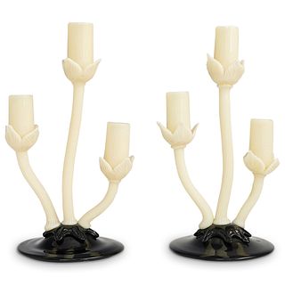 Steuben Ivory Flori-form Candlesticks