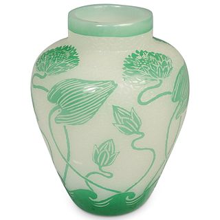 Steuben Green Cut to Alabaster Lotus Glass Vase