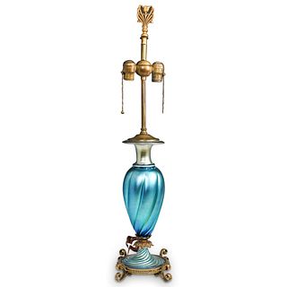 Steuben Blue Aurene Deeply Ribbed Table Lamp