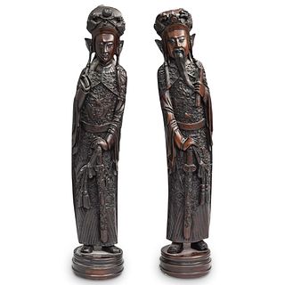 (2 Pc) Chinese Emperor and  Empress Carved Figurines