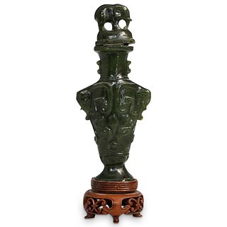 19th Cent. Chinese Carved Green Jade Urn