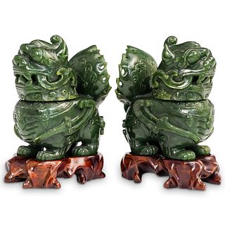 Pair of Chinese Spinach Jade Foo Dogs