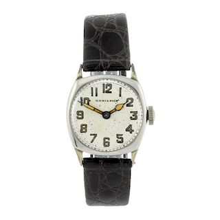 HAMILTON - a gentleman's wrist watch. White metal case, stamped 14K. Signed manual wind calibre 986.
