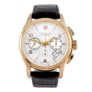 HAMILTON - a gentleman's Jazzmaster chronograph wrist watch. Gold plated case with exhibition case b