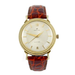 HAMILTON - a gentleman's Summit B wrist watch. Yellow metal case with engraved case back, stamped 14
