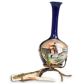 Antique Porcelain Vase w/ Antlers Horn Base