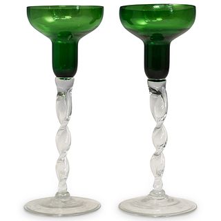 Green and  Clear Glass Candle Holders