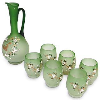 (7 Pc) Hand Painted Green Glass Tea Set