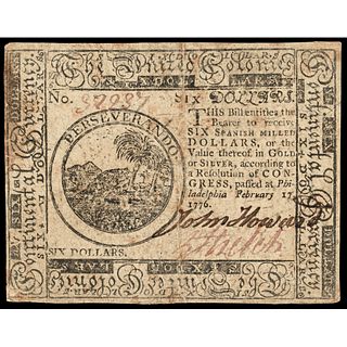 Colonial Currency, Continental Congress. February 17, 1776 Six Dollars