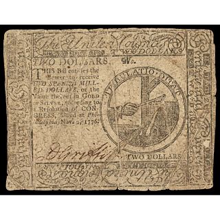 Continental Congress. November 2, 1776. Two Dollars. Philadelphia issue. Fine.