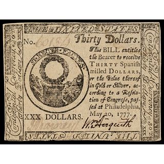 Continental Congress May 20, 1777 $30 First UNITED STATES Issue PMG AU-55
