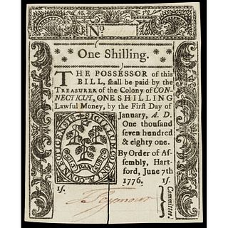 Colonial Currency, Conn. June 7, 1776 One Shilling, Slash Cancel, PMG Ch. CU-64