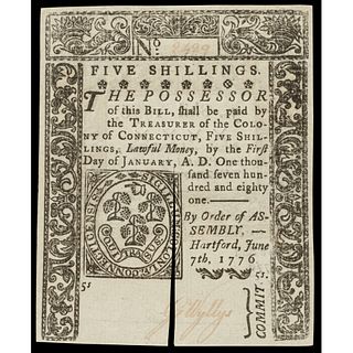 Colonial Currency, Conn. June 7, 1776 Five Shillings, Slash Cancel PMG CU-64 EPQ