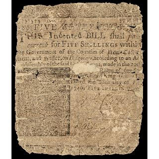 Colonial Currency Delaware Feb. 28, 1746 5 Shillings Ben Franklin Printed Issue