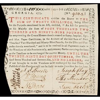 Colonial Currency, Georgia. 1773. Twenty Shillings. Fully Signed and Issued