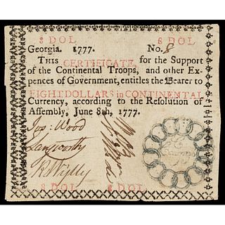 Colonial Georgia. June 8, 1777 $8 Continental Congress Thirteen Links Vignette 