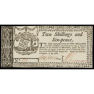 Colonial Currency, Georgia Oct. 16, 1786. 2s6p. PASS-CO Choice AU-58 SPQR