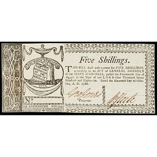 Colonial Currency, Georgia. Oct. 16, 1786. 5 Shillings Choice Crisp Uncirculated