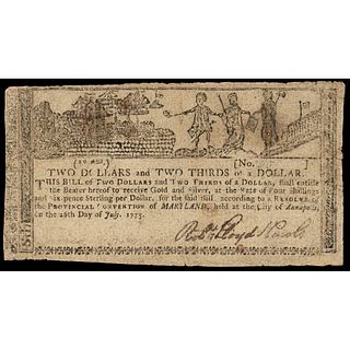 Colonial Currency, Maryland. July 26, 1775 $2-2/3 Allegorical / Gunpowder Note