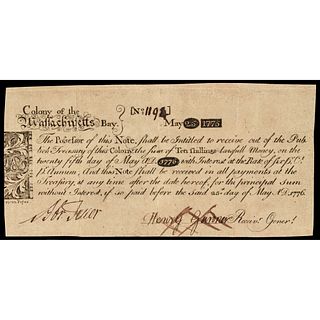 Colonial Currency, Rare Mass. May 25, 1775 PAUL REVERE Engraved Note PCGS VF-30
