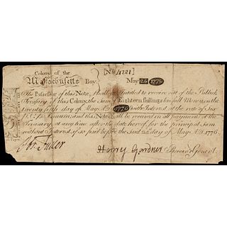Colonial Currency MA. May 25, 1775 Paul Revere Design Indent Note CFT. PCGS VF20